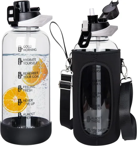 Miniatura 10 de Botella de agua deportiva de vidrio de 32 onzas con popote y marcador de tiempo, botella de vidrio motivacional reutilizable grande para agua Rosa
