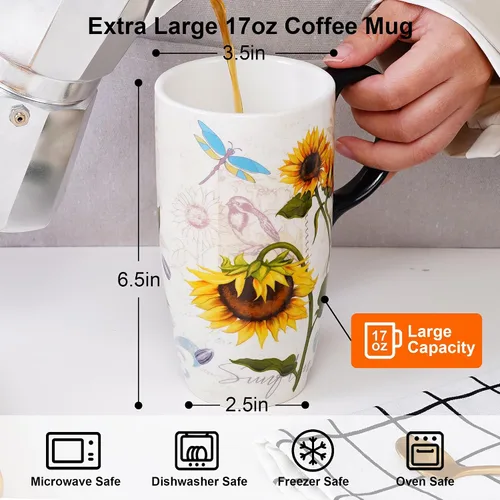 Miniatura 6 de Topadorn Taza de café de cerámica de girasol de 17 onzas con tapa, taza de té y café con leche de porcelana floral vintage, apta para microondas