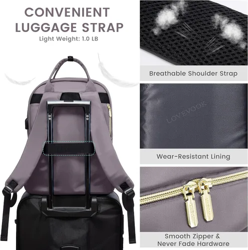 Miniatura 6 de LOVEVOOK Mochila para laptop para mujer, mochila de trabajo de moda con puerto USB, mochilas impermeables para el trabajo., Púrpura, gris, 15,6 pulg.