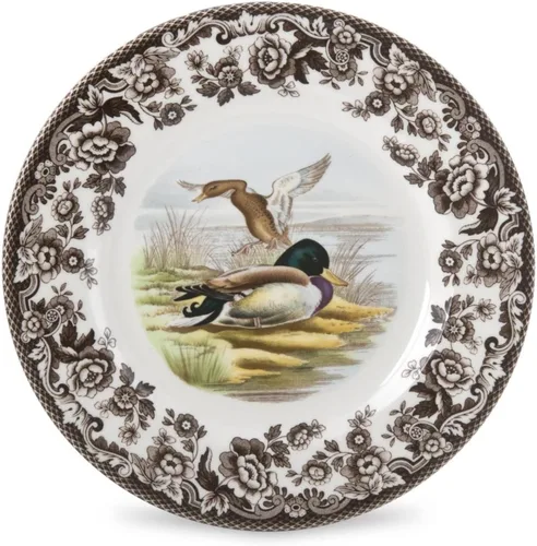 Miniatura 31 de Spode Woodland - Plato de ensalada de porcelana fina, diseño de lucioperca con borde floral marrón, vajilla clásica de campo inglés para cenas