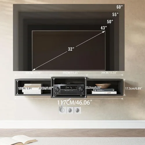 Miniatura 2 de IBUYKE Soporte flotante para TV montado en la pared con toma de corriente, moderno estante de consola de madera montado en la pared, centro