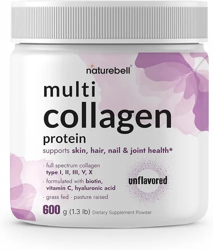 Polvo de proteína de colágeno múltiple 600g - 5 tipos (I, II, III, V, X) alimentado con pasto y criado en prados | con biotina 5000mcg, vitamina C y