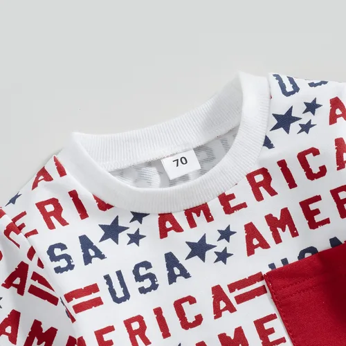 Miniatura 3 de Ynibbim Conjunto de ropa de verano para niños pequeños del 4 de julio, camiseta con estampado de letras y pantalones cortos de algodón