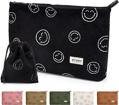 Miniatura 22 de WLLWOO - 2 bolsas de maquillaje de pana con cara sonriente, bolsa de cosméticos con cremallera interior impermeable, estuche para lápices, monedero