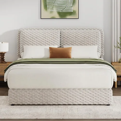 Miniatura 3 de REVOMINCA Marco de cama de tamaño matrimonial, marco de cama suave con 2 cabeceras de almohada, marco de cama tapizado de felpa de piel sintética