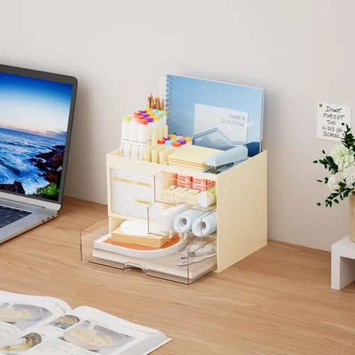 Miniatura 4 de Marbrasse Organizador de Escritorio con 3 Cajones, Soporte Multifuncional para Lápices y Bolígrafos para Escritorio, Organizador de Escritorio