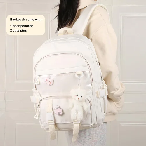Miniatura 2 de Phaoullzon Mochila Kawaii para niñas, mochila escolar linda de anime con alfileres y colgante, Beige, Mediana, Moderno