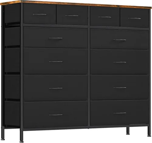 VASICAR Cómoda para dormitorio con 12 cajones, cómoda alta de tela, cómoda compacta para armario, guardería, mesita de noche, sala de estar, Negro