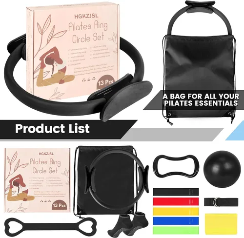 Miniatura 9 de Kit esencial de anillo de pilates para mujer, equipo de entrenamiento en casa con pelota de 9.8 pulgadas, bandas de resistencia, círculo mágico