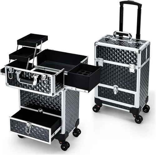 Hododou estuche de maquillaje portátil con ruedas, carro para cosméticos con cajón, 4 bandejas, grande, color negro, Negro