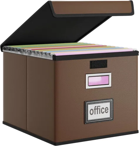 Miniatura 52 de Caja Organizadora de Archivos con Tapa, Caja Organizadora Plegable de Cuero Sintético para Carpetas Colgantes con Rieles de Plástico, Cajas (cuero)