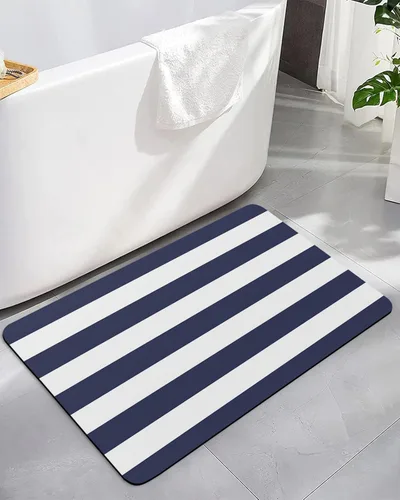 Tapete de baño, diseño náutico de rayas blancas y azul marino, de secado rápido, antideslizante, absorbente, delgado, tapete de ducha para baño,