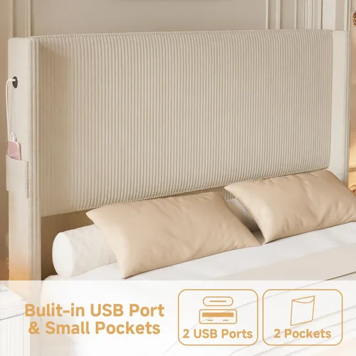 Miniatura 5 de Marco de Cama Tamaño King y Cabecero, Marco de Cama King Tapizada con Cabecero Alto Tipo Wingback y Piecera, Puertos USB, Fácil Montaje, Beige