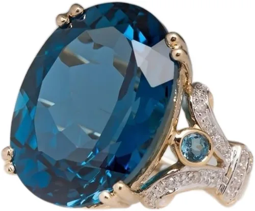 Miniatura 2 de Cutesmile Joyería de moda chapada en oro de 18 quilates con topacio azul pavo real ovalado con diamantes de circonita cúbica, anillo de piedras