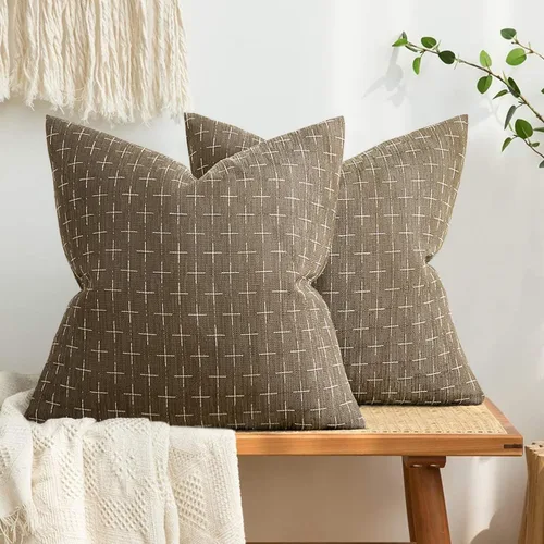 Miniatura 20 de MIULEE - Juego de 2 fundas de almohada decorativas de lino de arpillera, modernas, estilo campestre, rústicas, tejidas, con textura, para sofá