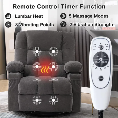 Miniatura 4 de Silla reclinable giratoria con funciones de masaje por vibración y calefacción para adultos, sofá individual reclinable de gran tamaño con bolsillo