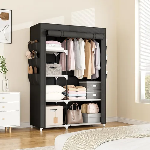 Miniatura 7 de VTRIN Armario Ropero, 41.7 Pulgadas de Ancho Armarios Portátiles para Colgar Ropa con 1 Barra para Colgar, 6 Estantes, 6 Bolsillos, Perchero