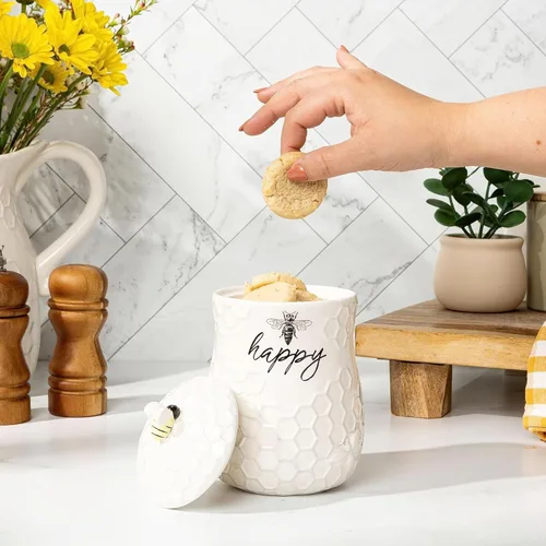 Miniatura 5 de Young's Inc. Tarro de Galletas de Cerámica con Diseño de Abeja de Miel con Tapa y Asa – Diseño de Panal, 5.75" x 5.83" x 7.87", Almacenamiento