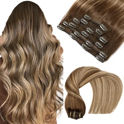 Miniatura 14 de VINBAO Extensiones de cabello humano con clip, balayage, color marrón ceniza a rubio caramelo, 14 pulgadas, 6 unidades, 3.53 onzas, 6
