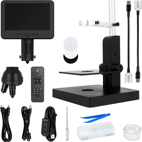 Miniatura 9 de JL246PS Microscopio digital HDMI de 3 lentes de 7 pulgadas 4000X, microscopio biológico para adultos y niños con diapositivas preparadas, video UHD