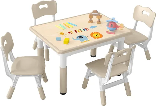 DOREROOM Juego de Mesa y 4 Sillas para Niños de Altura Ajustable, Juego de Mesa y Silla para Niños Pequeños con Superficie de Grafiti, 31.5''L x