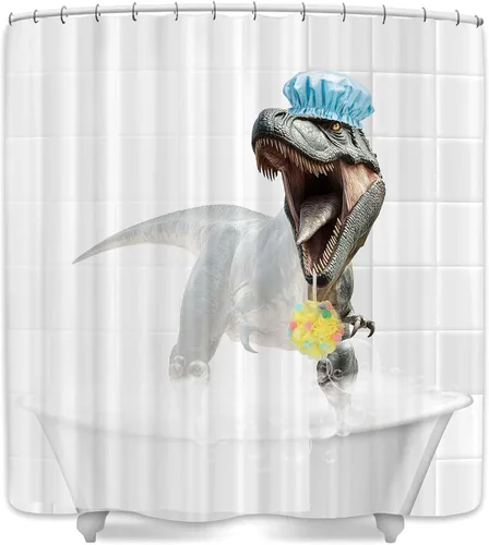 Miniatura 3 de Divertidas cortinas de ducha de tela de dinosaurio, cortina de ducha con diseño de animales Raptor, tiranosaurio Rex, cortina de ducha blanca