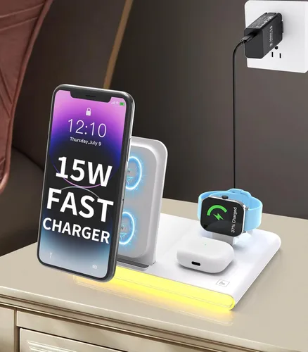 Miniatura 7 de Estación de carga plegable 4 en 1 con luz, cargador inalámbrico rápido para iPhone 11 12 13 14 15 16 y Apple Watch Series y Air Pods, Galaxy S9 10
