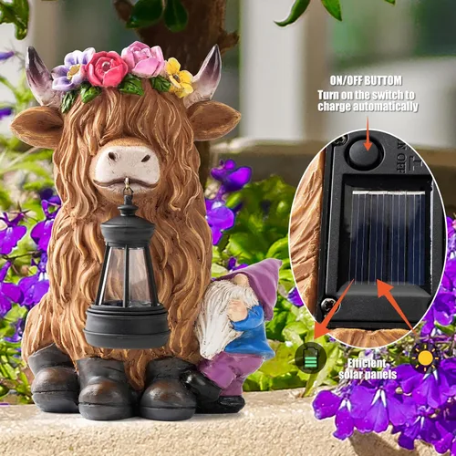 Miniatura 3 de TOLIMI - Farol de jardín con estatuas de resina de vaca de las tierras altas con gnomo, decoración de luz solar para exteriores, decoraciones