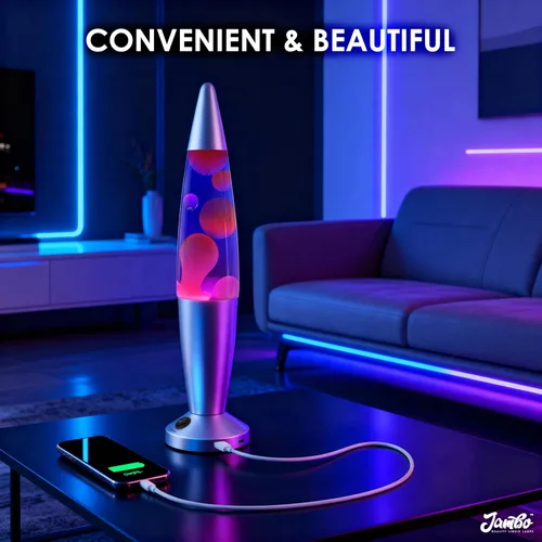 Miniatura 2 de JAMBO Hermosa lámpara líquida con puertos USB, luz de movimiento de 16" con líquido azul y cera morada, luz nocturna relajante, luz ambiental