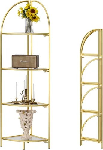 Miniatura 13 de Crofy Estante esquinero plegable de 3 niveles, soporte de esquina de metal para plantas con marco negro y estantes negros, estante de exhibición