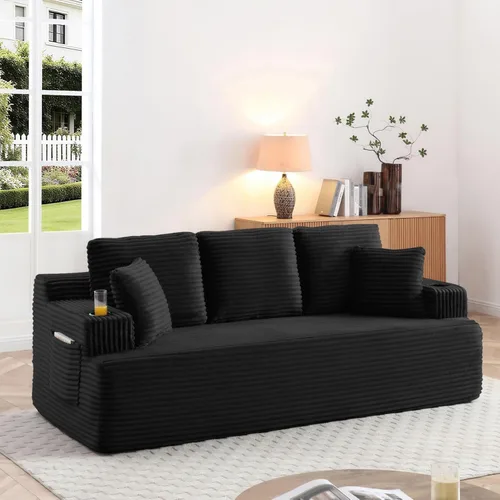 Miniatura 13 de Sofá sin hueso de 66.5 pulgadas con portavasos y bolsillos laterales, sofá biplaza tapizado de tela de pana moderna con 2 almohadas para sala