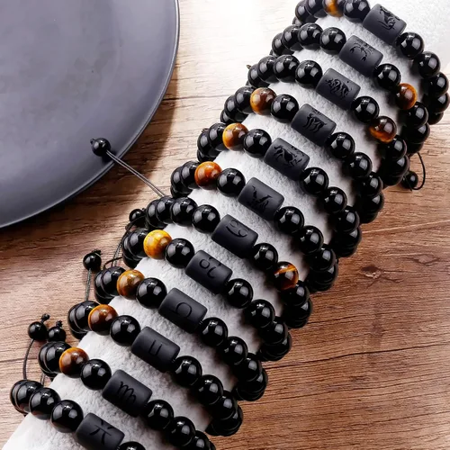 Miniatura 6 de SUMMER LOVE Father's Day Gifts Zodiac Bracelet for Men Women 10mm Natural Black Onyx Stone Star Sign Constellation Beaded Protection Bracelet