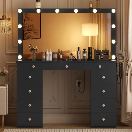 Miniatura 2 de Likein Escritorio de tocador con espejo y luces, tocador negro con armario de almacenamiento de joyas, tocador de maquillaje para dormitorio con 11