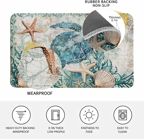Miniatura 4 de Felpudo Mapa Náutico Tortuga Marina Azul Costera Tapetes de Bienvenida Alfombras Alfombra Exterior/Interior para Hogar/Oficina/Dormitorio, 18"x30