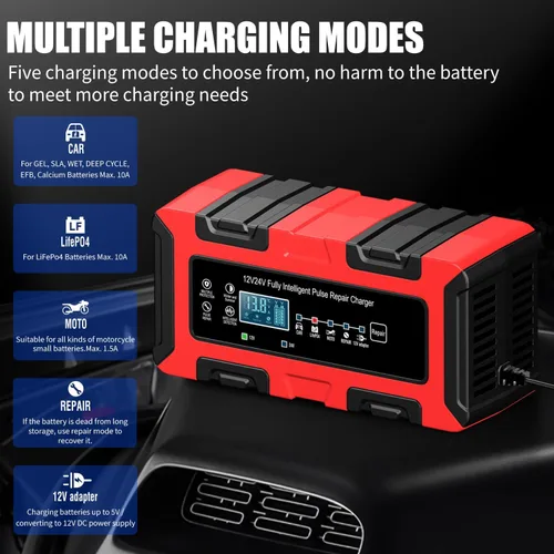 Miniatura 3 de Cargador de batería inteligente de coche de 12 V/24 V, mantenedor de 10 amperios y cargador de goteo, desulfatador con compensación de temperatura