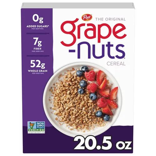 Grape-Nuts Cereal de desayuno original, cereal crujiente de trigo integral y cebada, proyecto verificado sin OMG, caja de 20.5 onzas