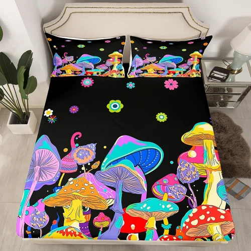 Miniatura 21 de Juego de sábanas ajustadas estilo 70s hippie retro para cama individual, juego vintage de otoño con hojas florales para niños y niños, juego de ropa