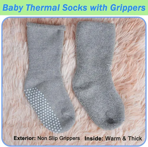 Miniatura 5 de hakugoo 6 pares de calcetines antideslizantes para niños pequeños con pinzas de invierno, gruesos, cálidos, acogedores, calcetines para bebés y niños