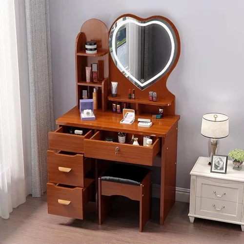 Tocador con espejo de luces LED de 3 colores y taburete acolchado, juego de mesa de tocador de maquillaje de madera, mesa de tocador para dormitorio