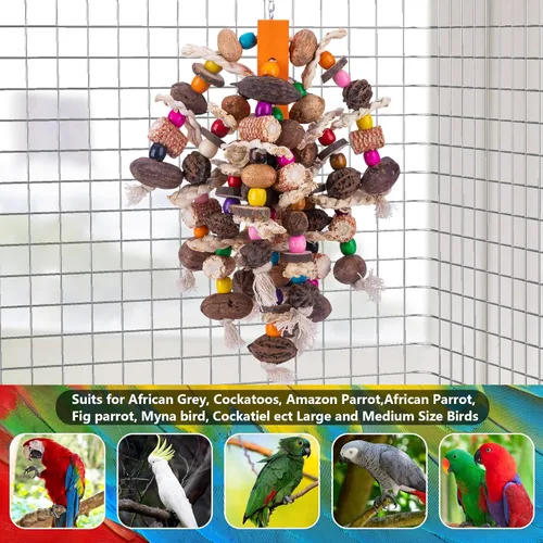 Miniatura 4 de Deloky Juguetes para masticar pájaros loros grandes, frutos secos naturales, juguete desgarrador de loro de maíz, juguete de jaula de madera
