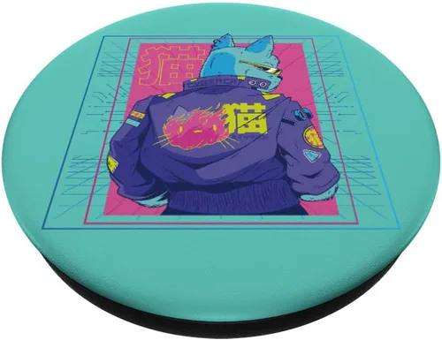 Miniatura 2 de Outrun Cyberpunk Cat 90s 80s Glitch Vaporwave Japanese PopSockets PopSockets intercambiables PopGrip