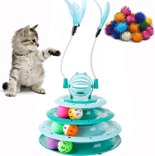 Miniatura 10 de Vealind Rodillo de juguete para gatos, plato giratorio de 4 niveles, bolas de juguetes para gatos con 14 bolas de pompones coloridos, diversión