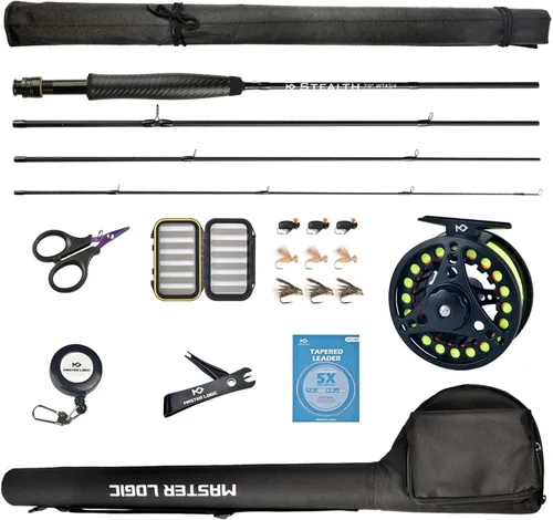 Stealth - Kit de iniciación de caña de pescar con mosca, cañas de grafito de fibra de carbono 30T con carrete de aluminio fundido a presión y
