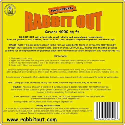 Miniatura 2 de Rabbit Out, repelente para conejos y marmotas, listo para usar, 1 galón * Pulverizador no incluido *, repelente de conejos, evita que los conejos
