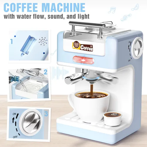 Miniatura 3 de Juego de juguetes de cocina para niños, 7 piezas sin BPA, aparatos de juego de simulación con sonido ligero, cafetera, batidora, batidora, tostadora