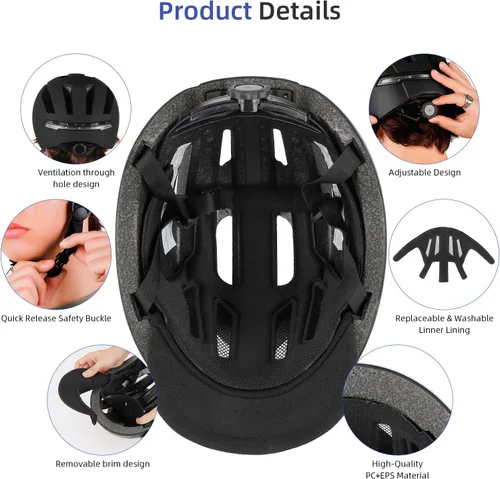 Miniatura 5 de ulip Casco de bicicleta inteligente con luz LED delantera trasera y visera desmontable y forro para adultos, hombres y mujeres, bicicleta
