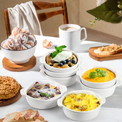 Miniatura 5 de Foraineam Paquete de 8 platos de soufflé de porcelana de 10 onzas con doble asa, juego de utensilios para hornear para pudín, crema brulee, soufflé