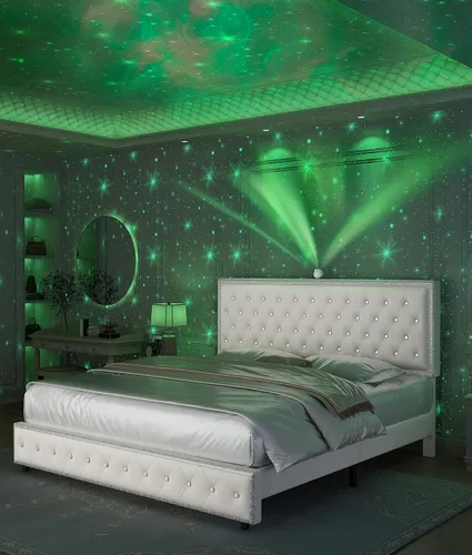 Base de cama de plataforma tapizada tamaño Queen con cabecera LED, proyector de estrellas integrado y cabecera ajustable, no necesita somier, fácil
