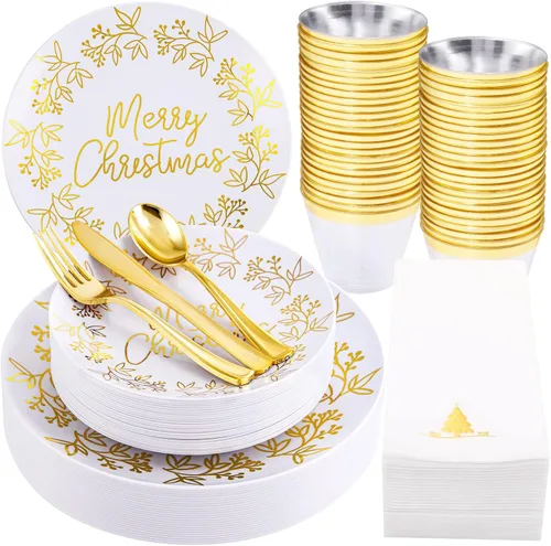Nervure 175 piezas de platos de plástico de Navidad - Juego de platos desechables blancos y dorados incluye 25 platos de cena, 25 platos de postre,