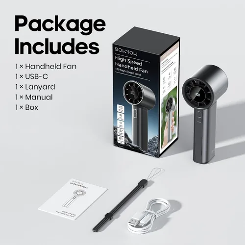 Miniatura 7 de Ventilador turbo portátil de mano, mini ventilador personal ajustable, funciona con batería recargable USB-C, pantalla digital, ultra silencioso